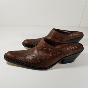 MIA Phoenix Shoes Women's 8M Western Style Brown Leather Slip On Block Heel